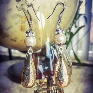 Pearl, gold flake drop & crystal rondelle earrings